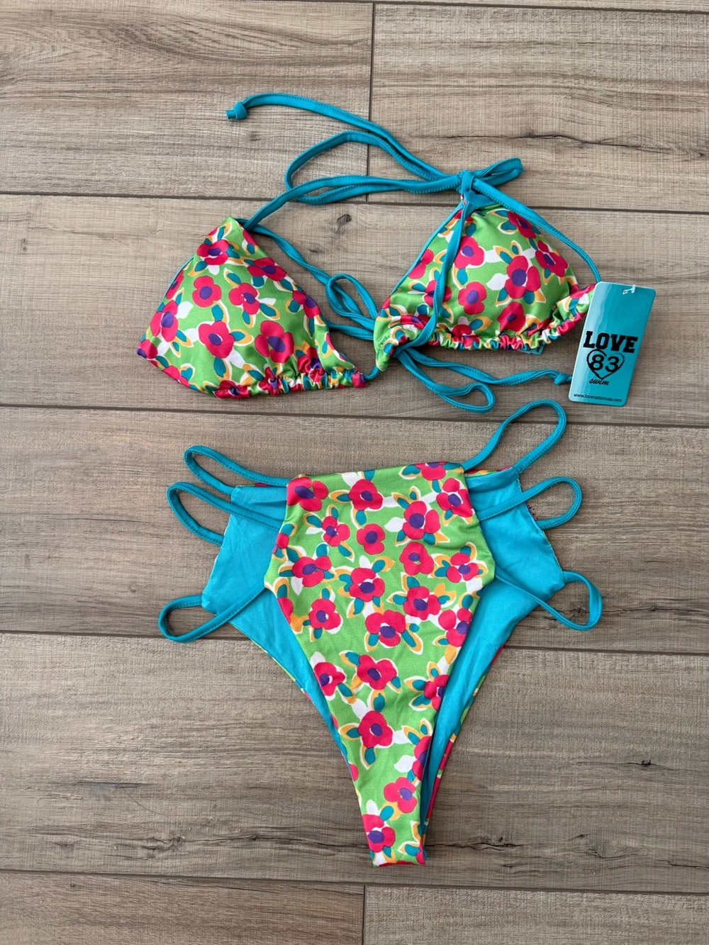 BNWT Love Swim 83 Green & Blue Floral Print 2 Piece Strappy Bikini